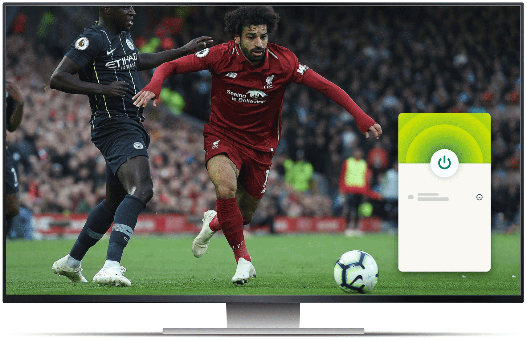 Pöytäkoneen näyttö, jossa on beIN Sports -jalkapallo-ottelu suorana sekä VPN-sovellus.