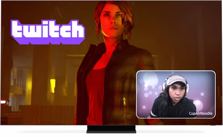 Логотип Twitch, игра и стример на экране.